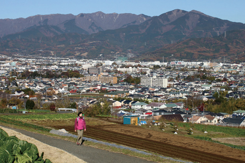 渋沢丘陵　丘をめざして高度を上げる。背後には堂々とした丹沢山塊